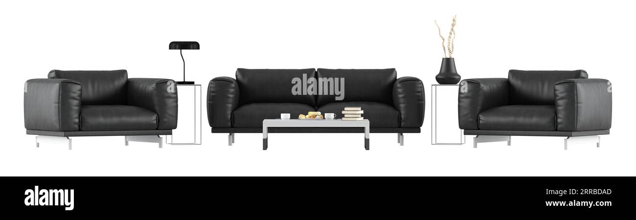 Conjunto de muebles negros con sofá de cuero y sillones aislados sobre fondo blanco -3D representación Foto de stock