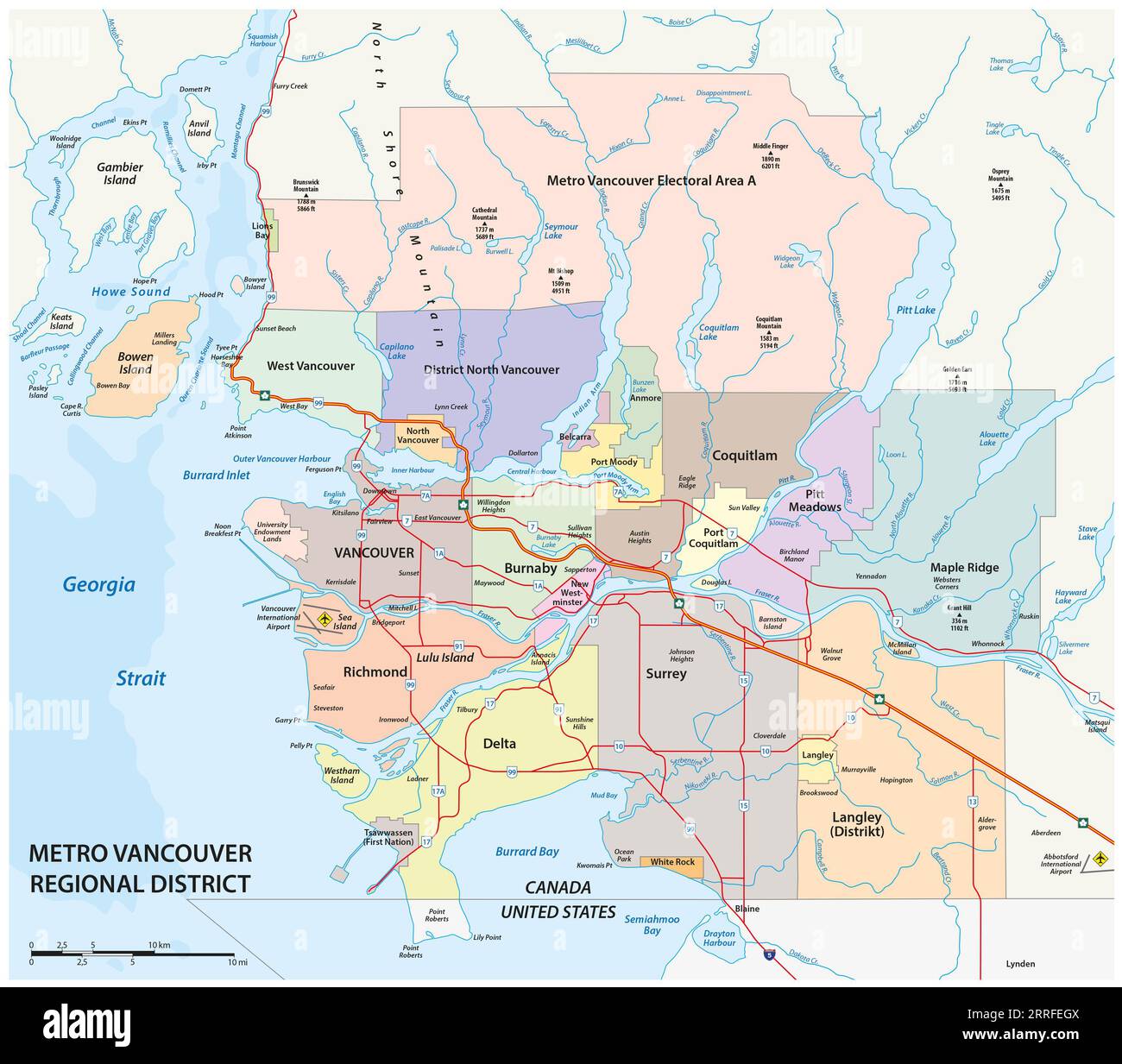 Mapa de ruta del Distrito Regional de Metro Vancouver, Canadá Foto de stock