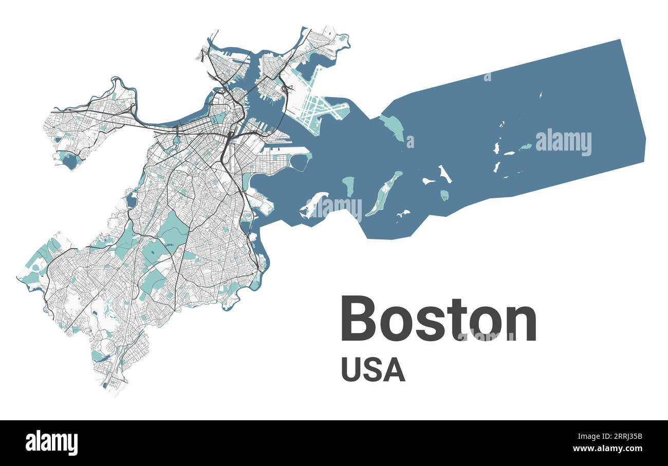 Mapa de Boston, ciudad americana. Mapa del área administrativa municipal con ríos y carreteras