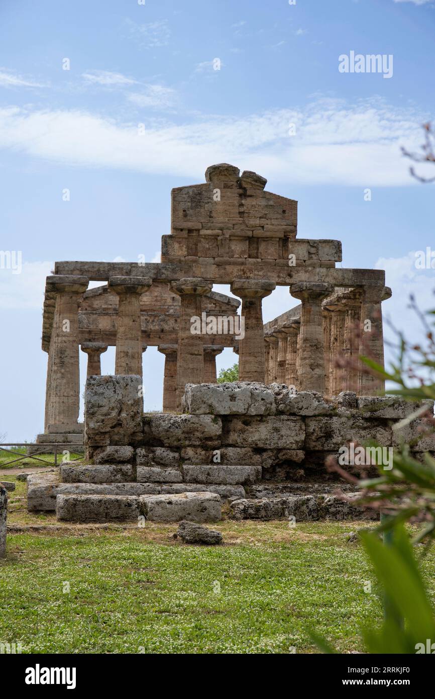 Parque Arqueológico Paestum, hermosas ruinas históricas de templos de la época romana, Campania, Salerno, Italia Foto de stock