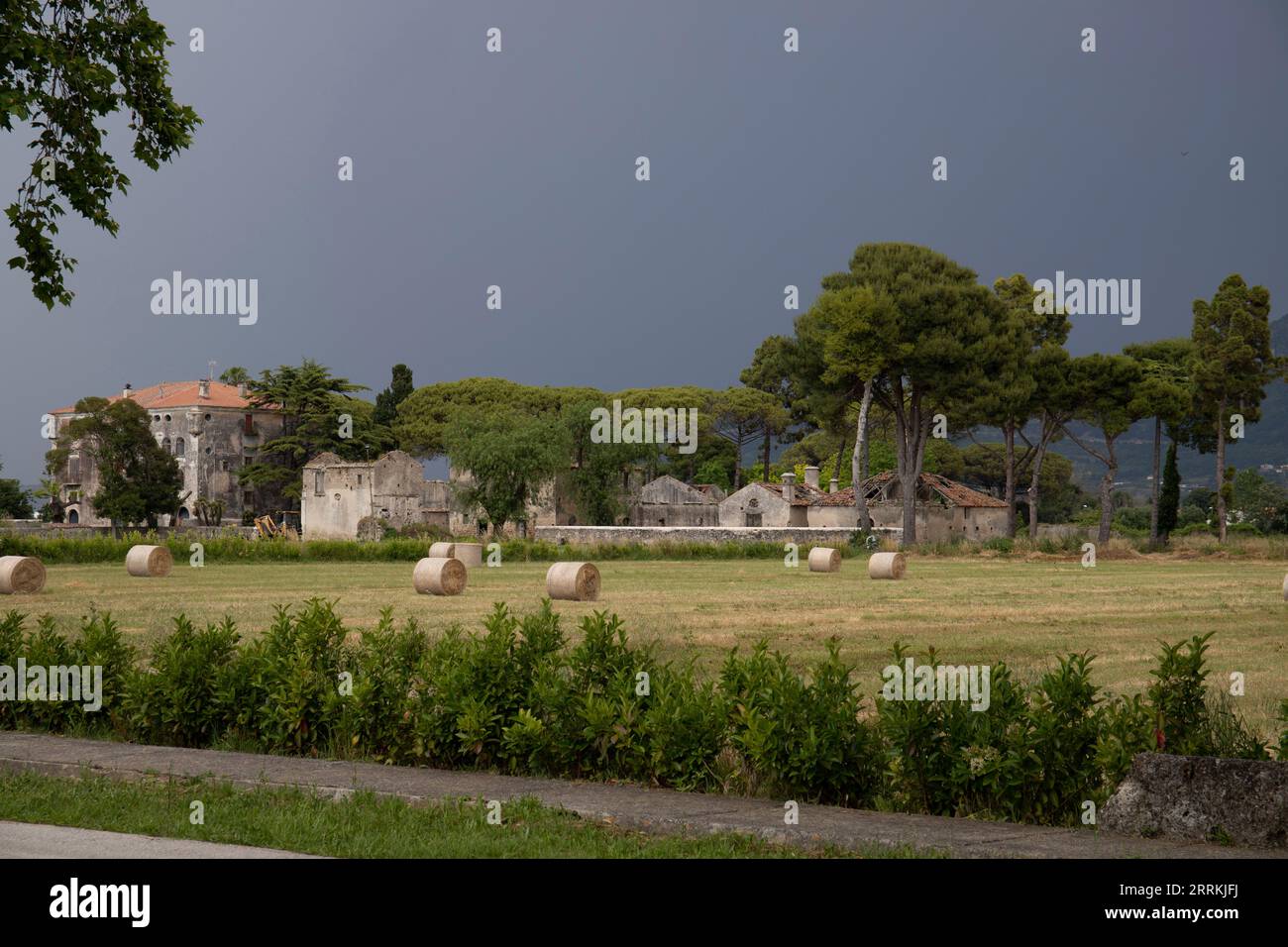 Parque Arqueológico Paestum, hermosas ruinas históricas de templos de la época romana, Campania, Salerno, Italia Foto de stock