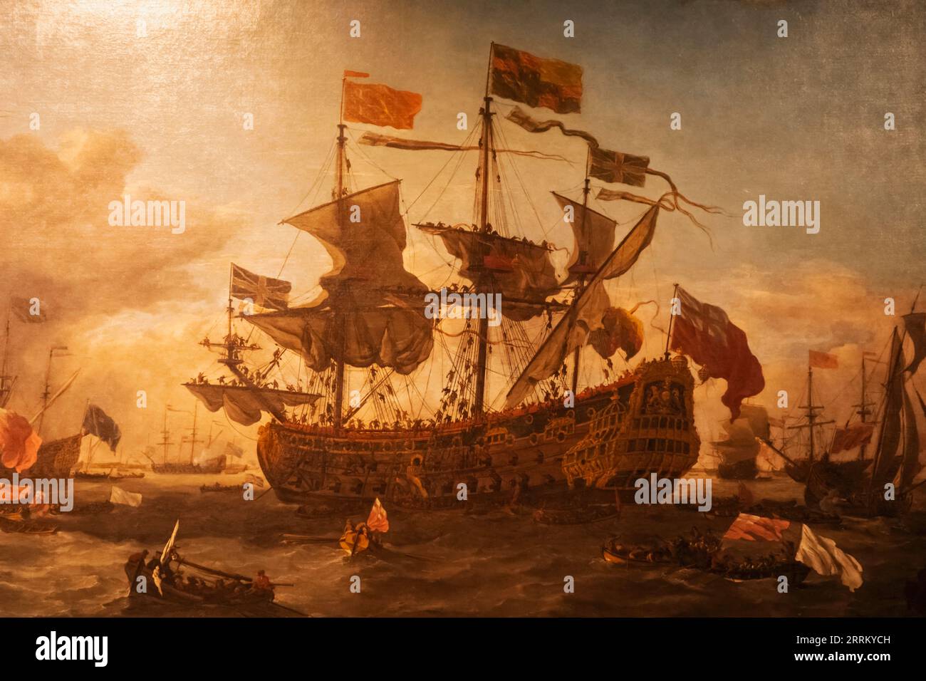 Inglaterra, Londres, Greenwich, la Casa de la Reina, pintura titulada 'Una visita real a la flota en el estuario del Támesis' por Willem Van de Velde el Joven Foto de stock