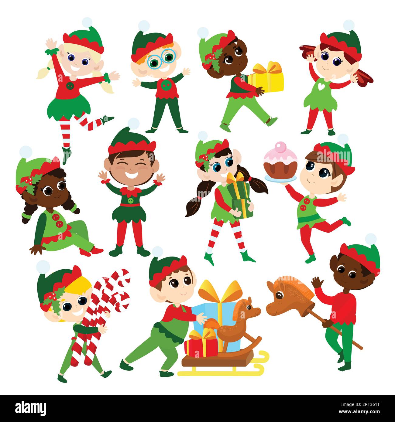 Set elfos de Navidad. Muchachos y muchachas multiculturales en trajes tradicionales del elfo. Los ayudantes de Santa están felices. Bailan, sonríen, traen regalos. Ilustración del Vector