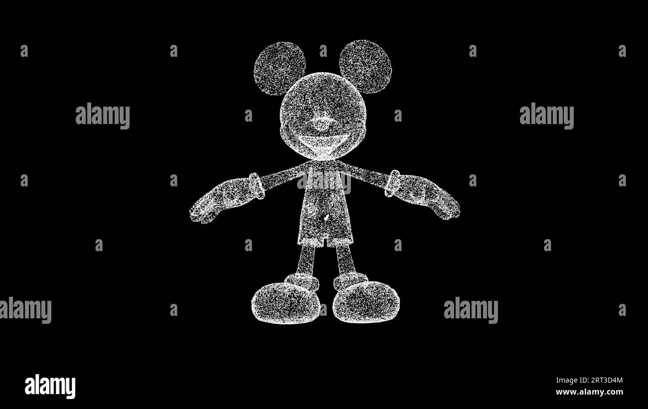 3D Mickey Mouse sobre fondo negro. Concepto de personaje de cuento de hadas. Héroe de dibujos animados de los niños. Telón de fondo de publicidad de negocios. Para título, texto Foto de stock
