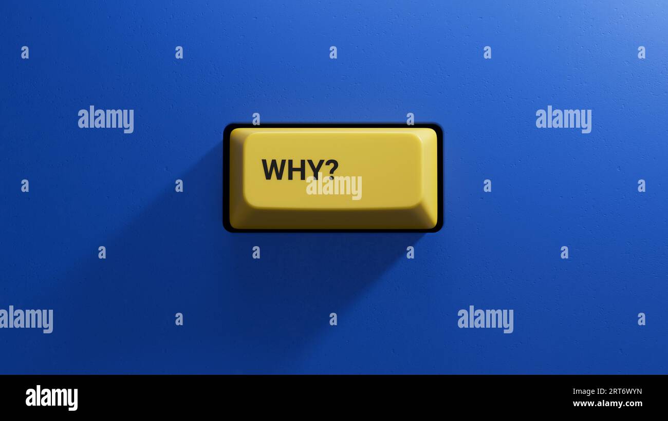 Ilustración de Why.3D del botón del teclado de una computadora moderna.Light botón amarillo.3D renderizado sobre fondo azul. Foto de stock