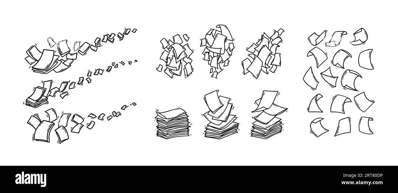 Gran conjunto de hojas de papel voladoras en estilo doodle. Páginas de documentos en blanco dibujadas a mano. Caída de archivos de documentos. Ilustración vectorial de negocios de oficina Ilustración del Vector
