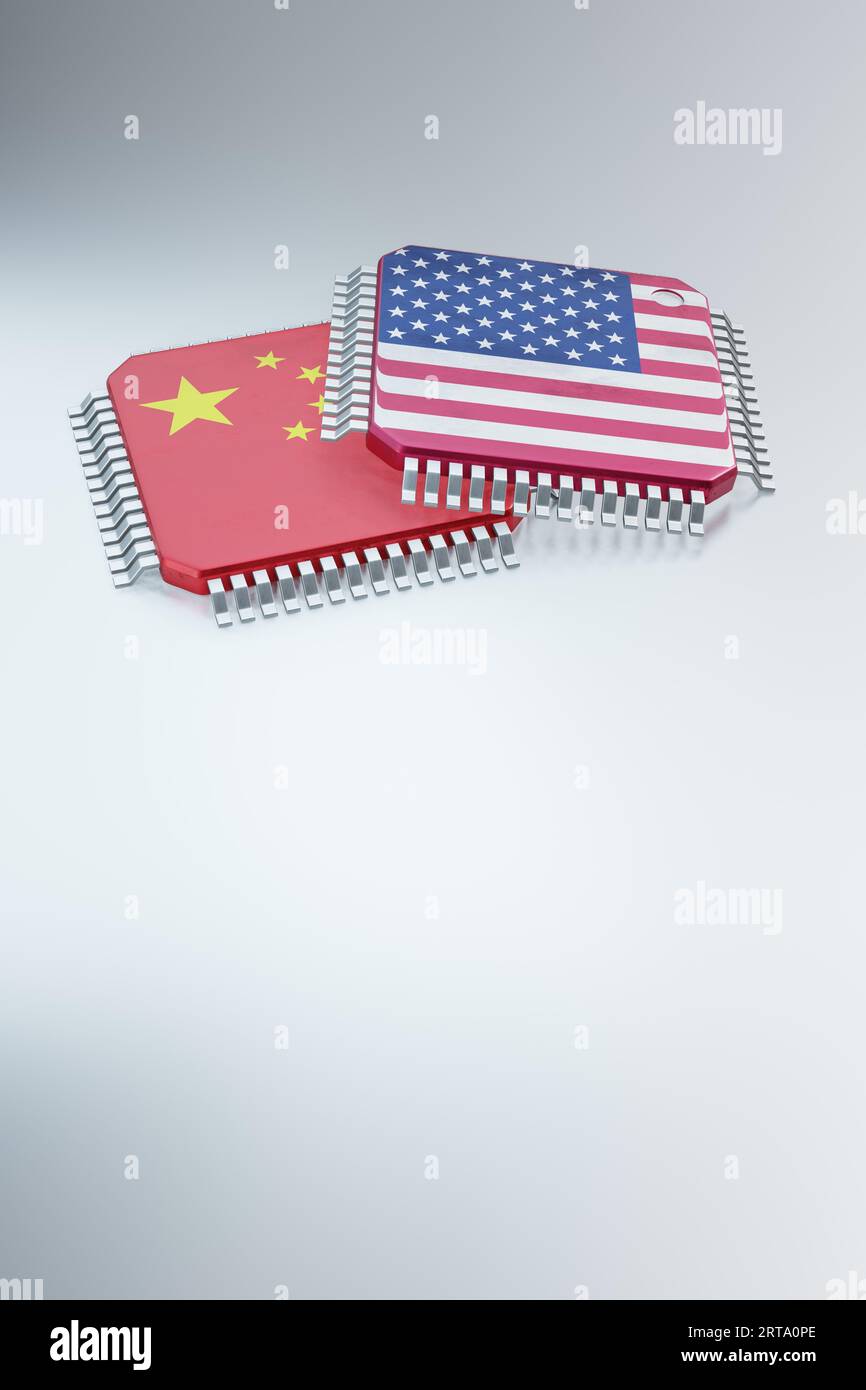 Bandera De Estados Unidos Y China En La Cpu De La Computadora
