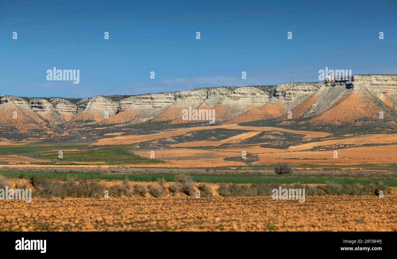 Cuenca del Ebro, Montañas de la Mesa con estepa y campos, España, Aragón, Belchite Foto de stock