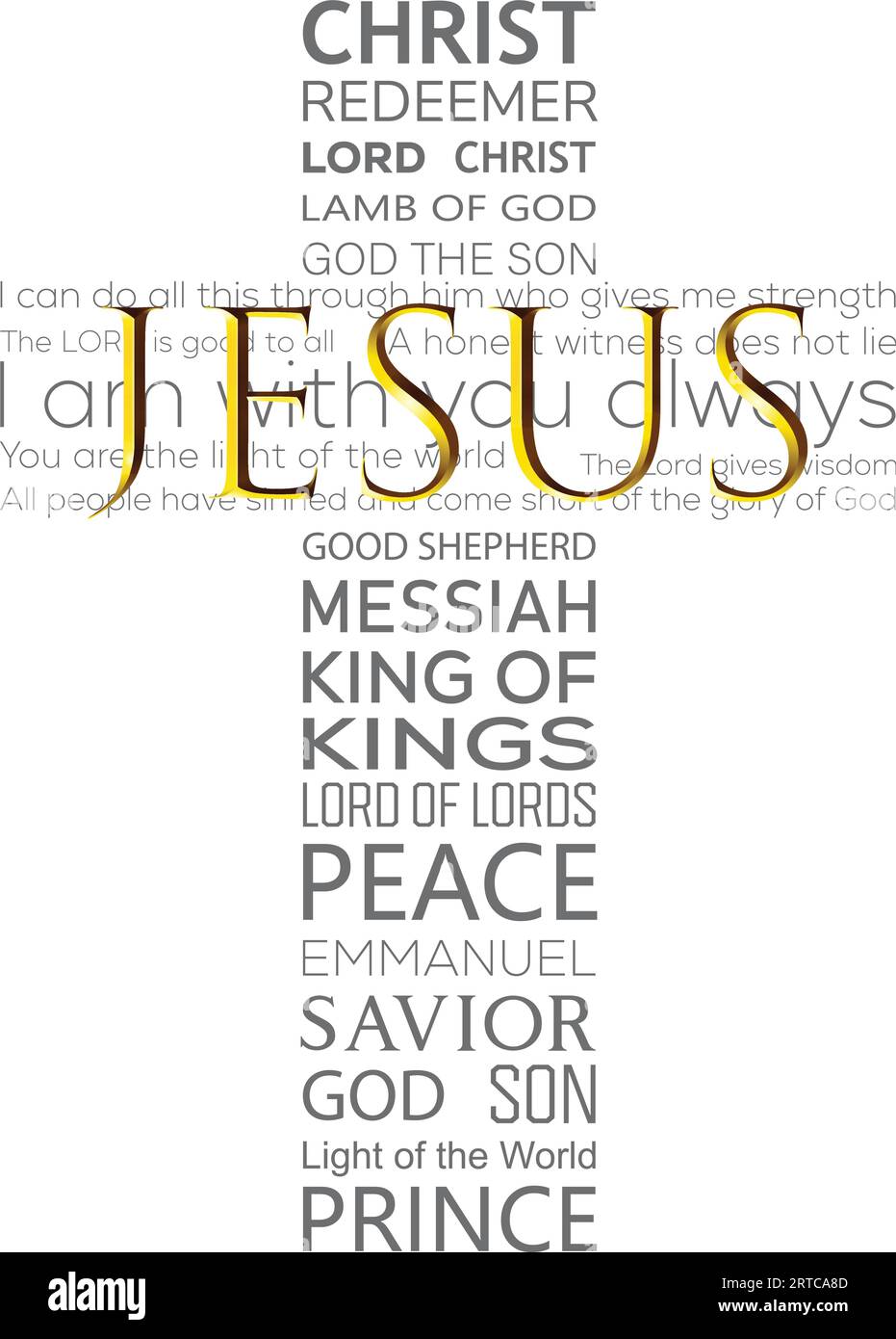 Nube de palabras de Jesucristo Palabras clave cristianas en forma de cruz con el nombre de Jesús resaltado en color dorado Ilustración del Vector
