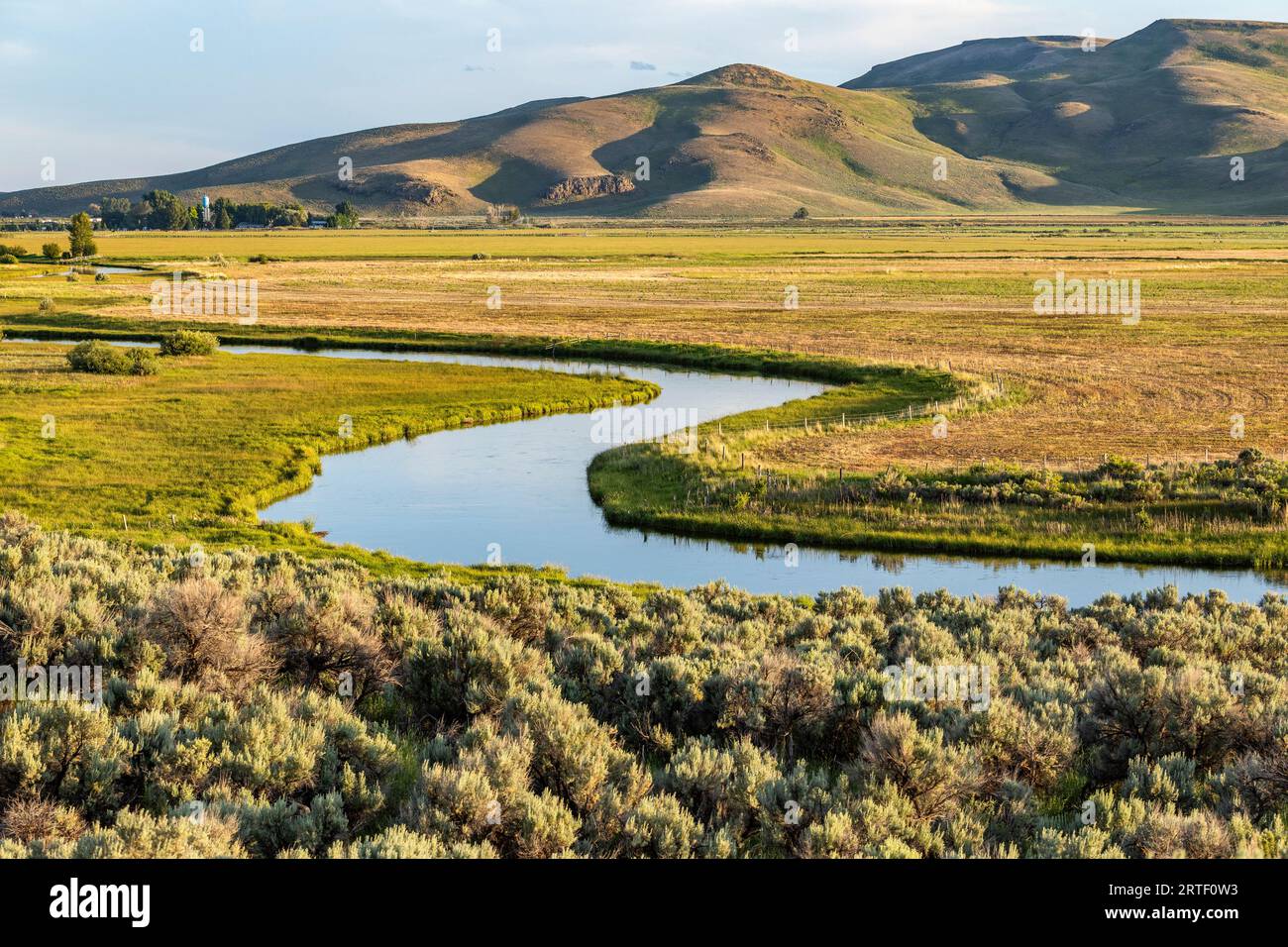 EE.UU., Idaho, Bellevue, arroyo Silver Creek que fluye a través de tierras de cultivo Foto de stock