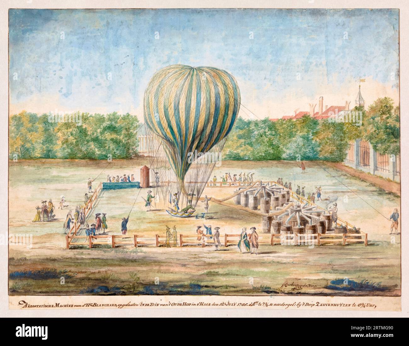 El lanzamiento del globo de gas de hidrógeno de Jean-Pierre Blanchard en La Haya, Países Bajos en 12 de julio 1785, acuarela de G Carbentus, 1785 Foto de stock