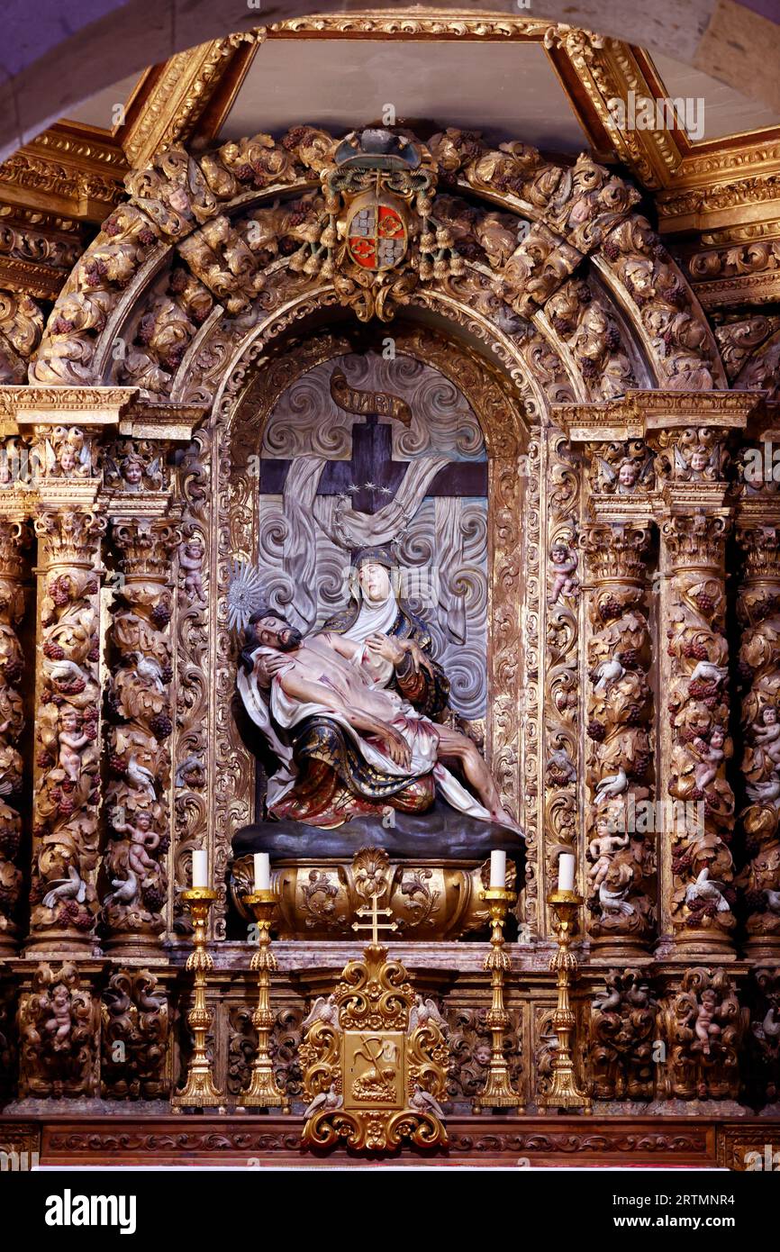 Catedral de Braga SE. Una estatua de peita de la Virgen María sosteniendo el cuerpo muerto de Jesucristo. Braga. Portugal. Foto de stock