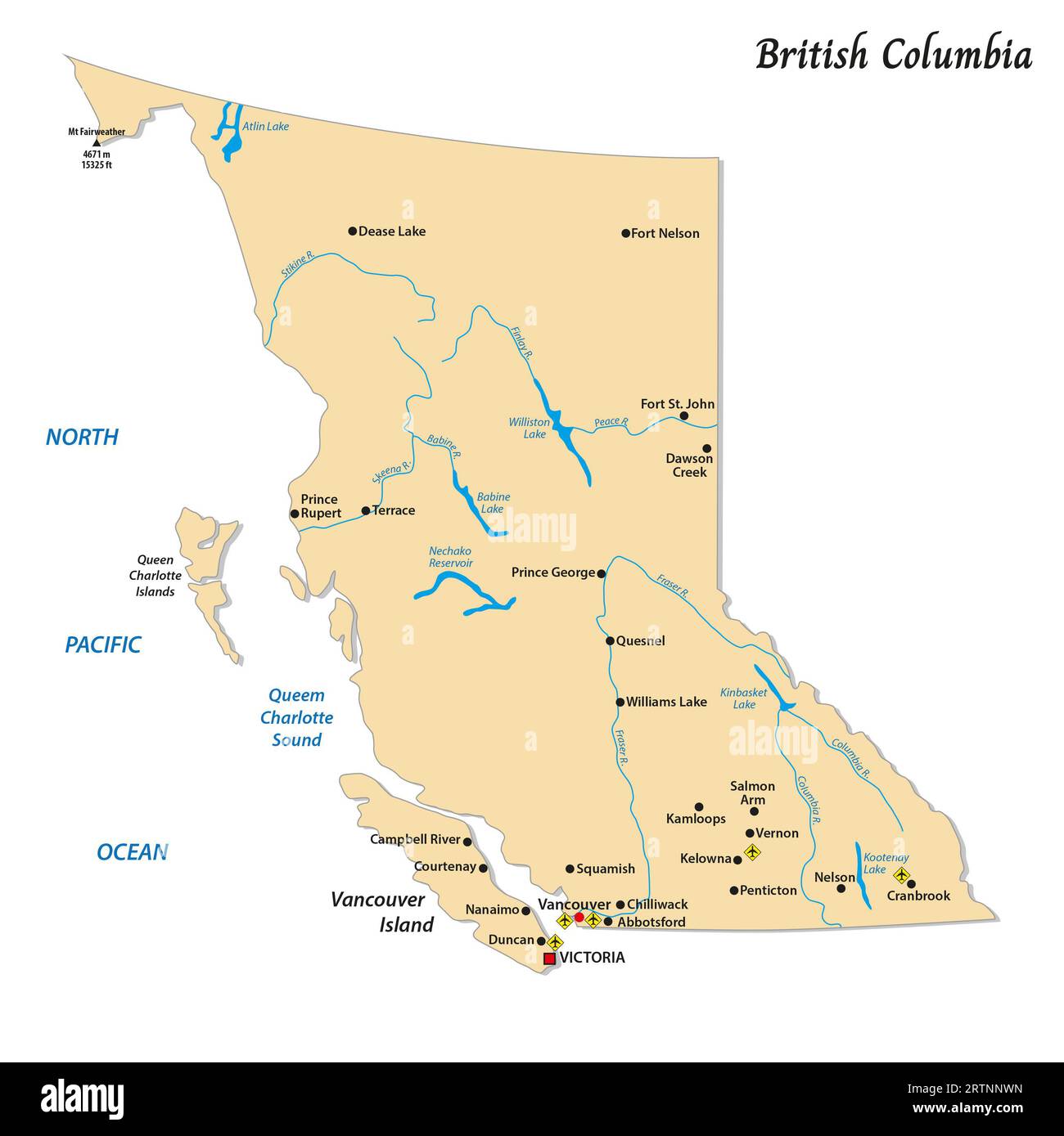 Mapa vectorial simple de Columbia Británica, Canadá Foto de stock