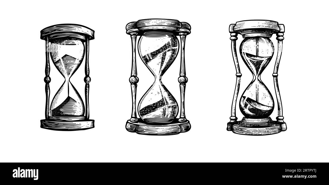 Conjunto de 2 vintagesand relojes de arena vector dibujo en blanco y negro