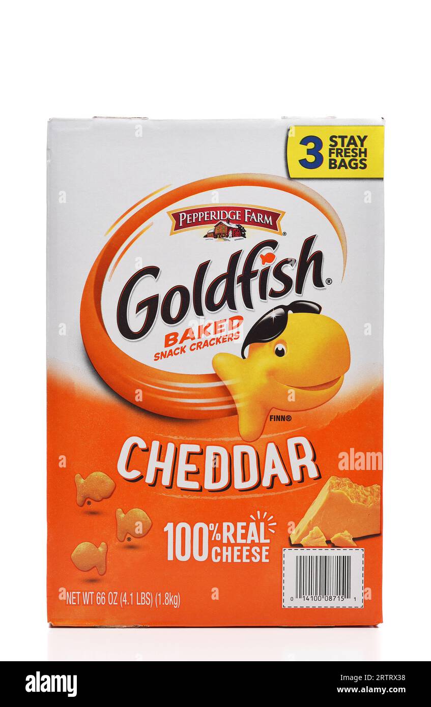 IRVINE, CALIFORNIA - 12 DE SEPTIEMBRE de 2023: Una caja de Goldfish Baked Snack Crackers sabor Cheddar. Foto de stock