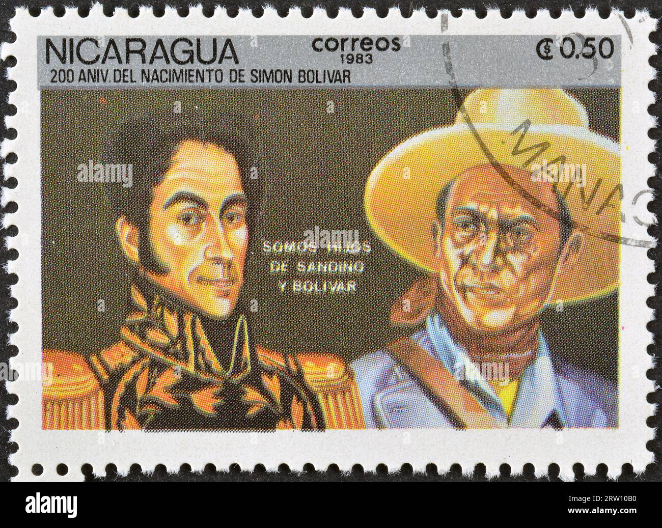 Sello postal cancelado impreso por Nicaragua, que muestra Símon Bolívar (1783-1832), Augusto César Sandino (1895-1934), Simón Bolívar, nacimiento Bicentenar Foto de stock