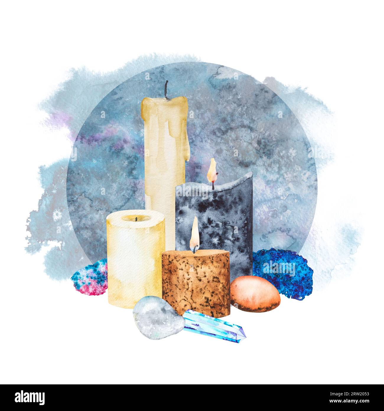 Acuarela ilustración mágica conjunto con velas, piedras y cristales, dibujo a mano, esoterics Foto de stock