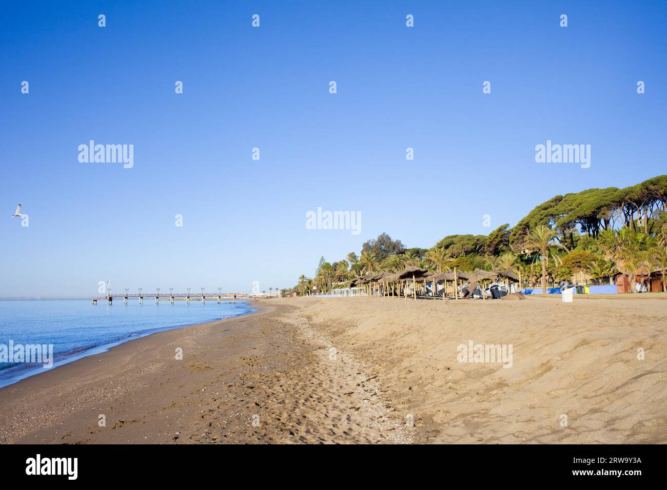 Playa en la Costa del Sol en Marbella, España, provincia de Málaga Foto de stock