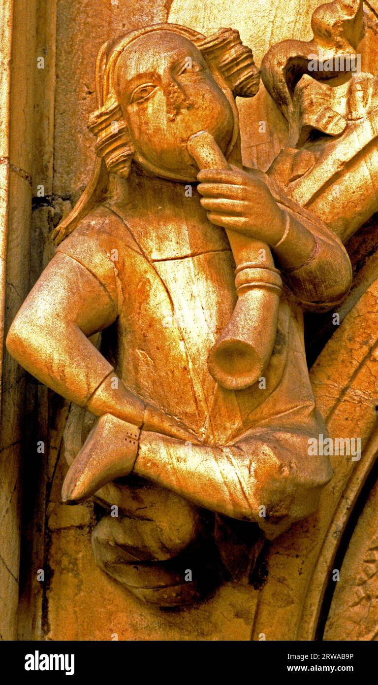Beverley Minster, medieval tallado piedra músico, talla, música, musical, Yorkshire, Inglaterra Foto de stock