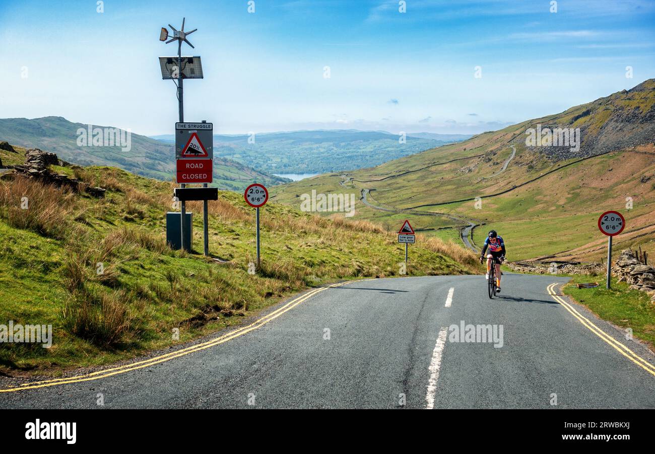 Ciclista subiendo en bicicleta la lucha y acercándose a la cima con el signo de gradiente del 20 % a la vista, cerca de Ambleside en el Distrito de los Lagos, Cumbria, Inglaterra, Reino Unido Foto de stock