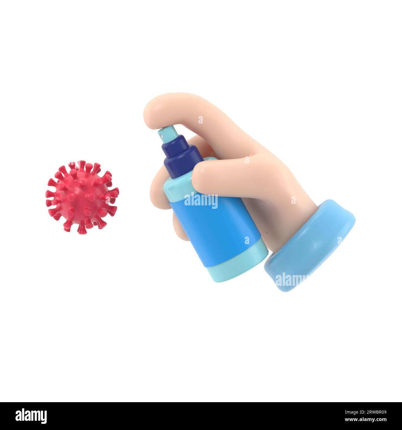 El hombre con guantes sostiene una botella de spray antiséptico. El matraz antibacteriano mata las bacterias. Concepto desinfectante.Higiene del hogar e higiene personal. Control Foto de stock