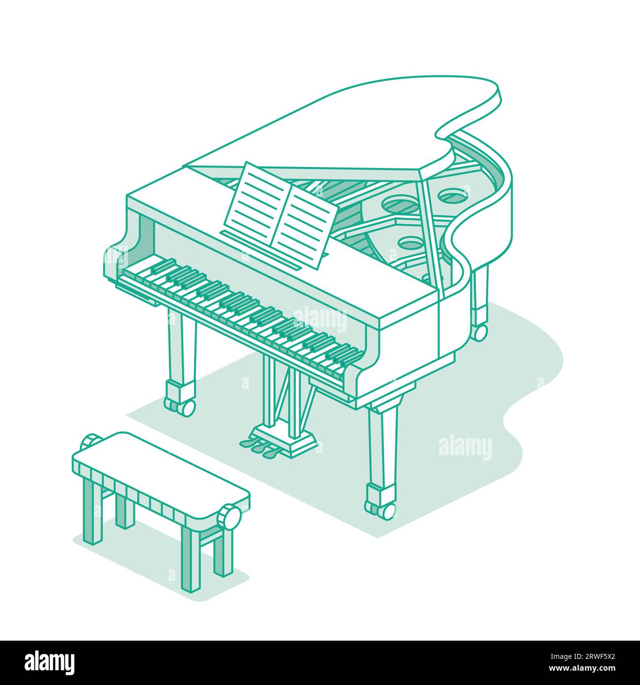 Piano de cola abierto isométrico. Ilustración vectorial. Objeto de música aislado sobre fondo blanco. Icono de esquema. Ilustración del Vector