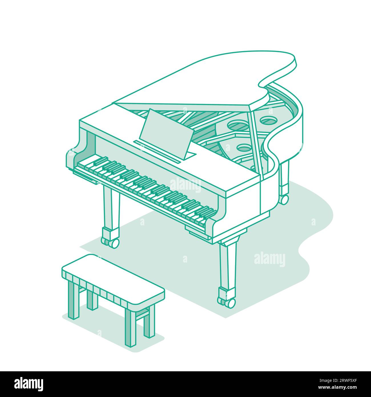 Piano de cola isométrico. Ilustración vectorial. Objeto de música aislado sobre fondo blanco. Icono de esquema. Ilustración del Vector