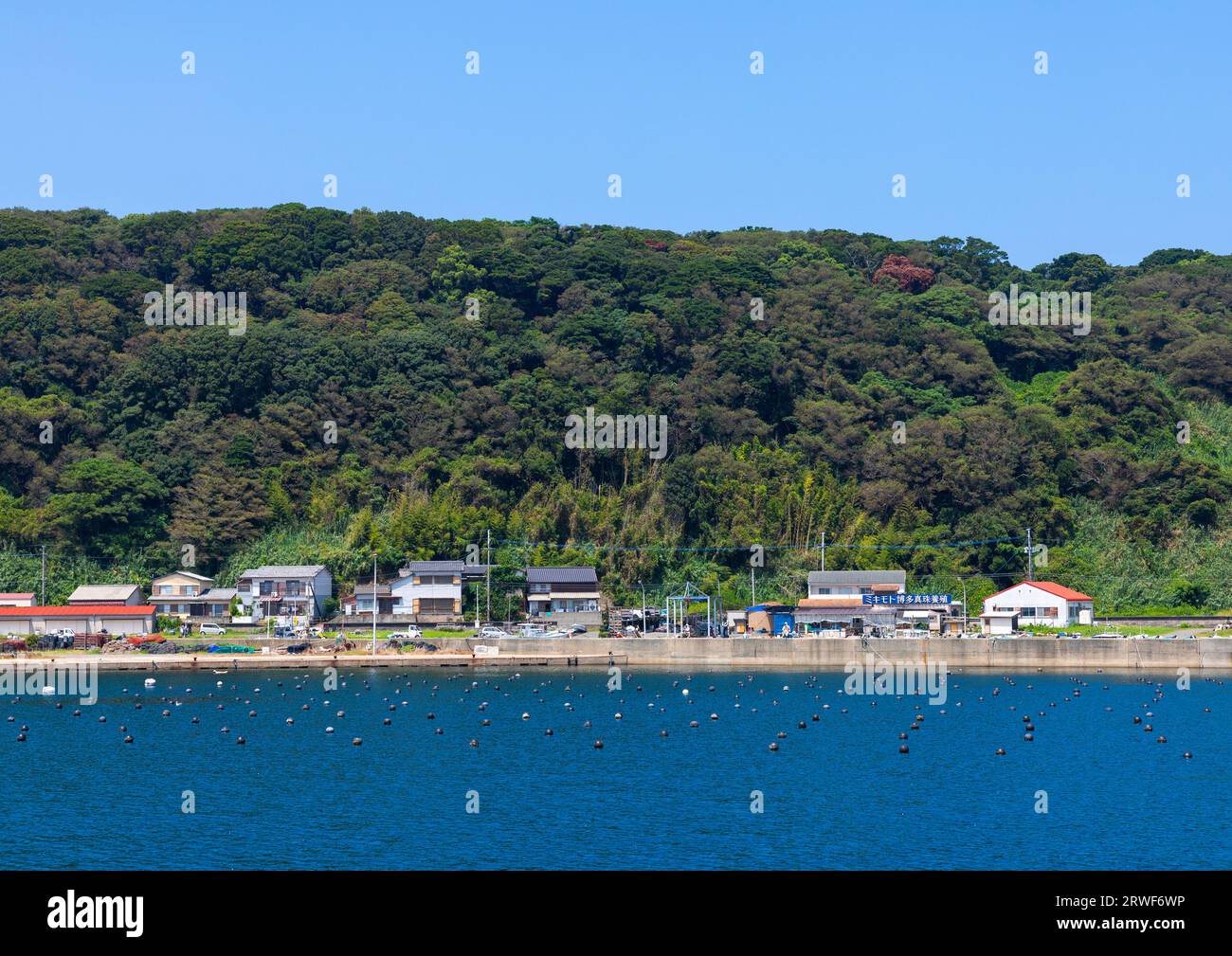 Casas de pescadores en la costa, isla de Ainoshima, Shingu, Japón Foto de stock