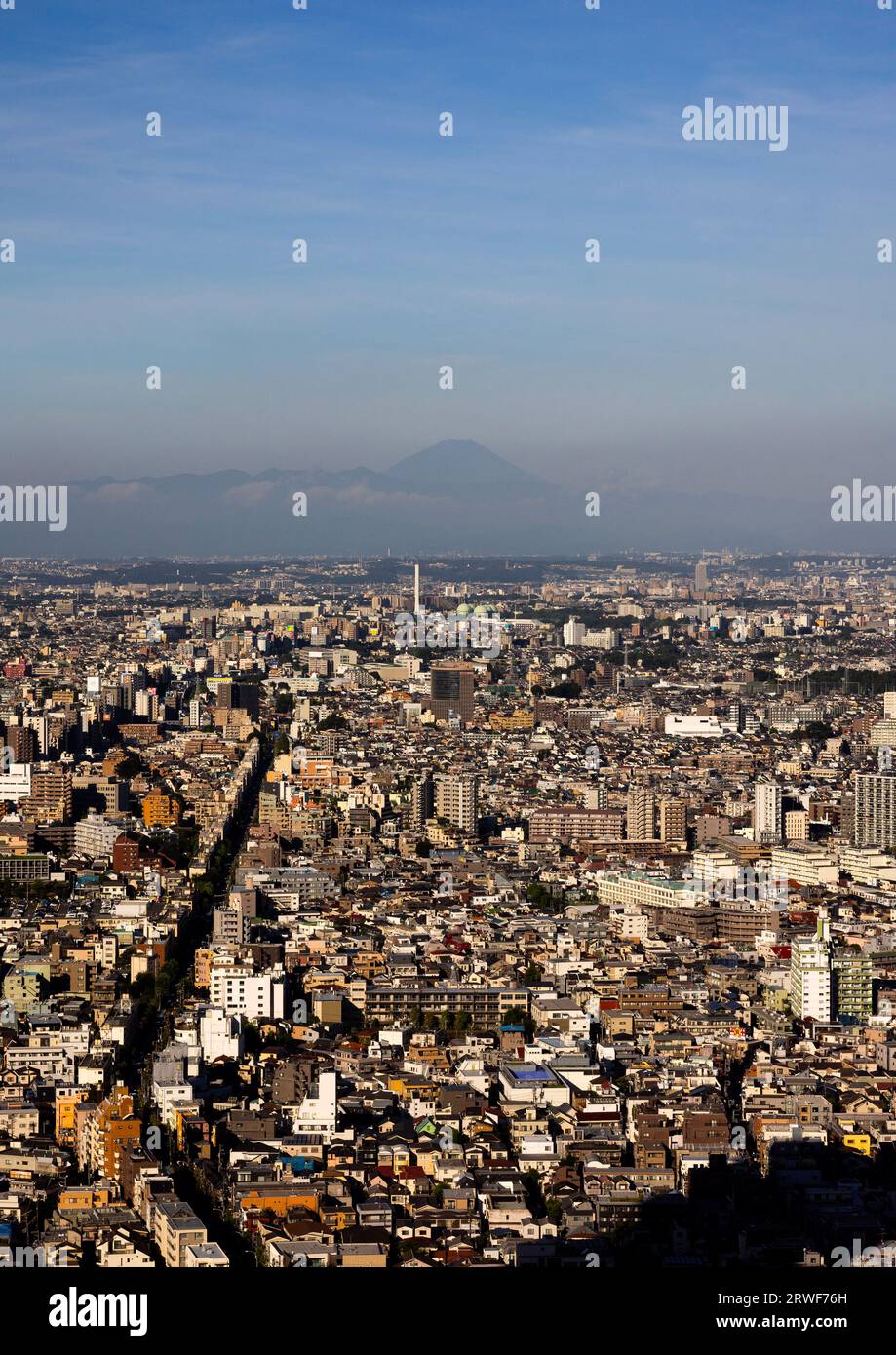 Vista aérea de la ciudad y el monte Fuji, región de Kanto, Tokio, Japón Foto de stock