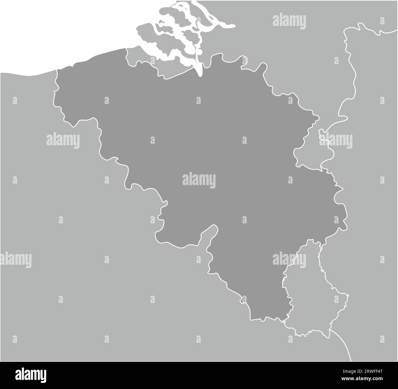 Vector ilustración moderna. Mapa gris geográfico simplificado de Bélgica y los países más cercanos (Francia, Alemania, Luxemburgo, Países Bajos). Fondo blanco Ilustración del Vector