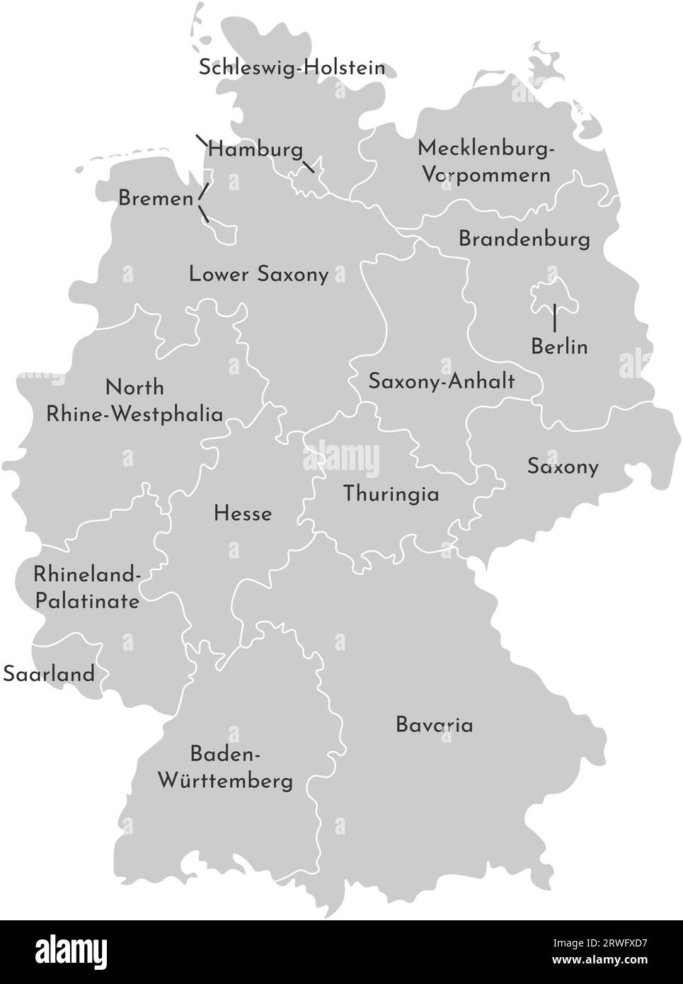 Vector aislado ilustración del mapa administrativo simplificado de Alemania. Fronteras y nombres de los estados (regiones). Siluetas grises. Fondo blanco Ilustración del Vector