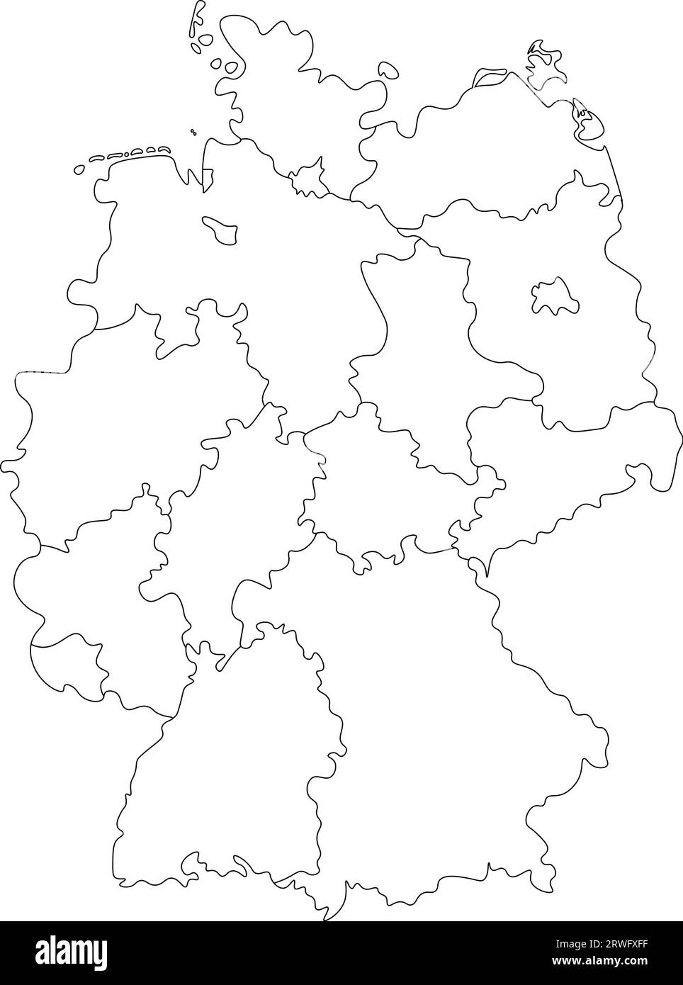 Vector aislado ilustración del mapa administrativo simplificado de Alemania. Fronteras de los estados (regiones). Siluetas de contorno negro. Fondo blanco Ilustración del Vector