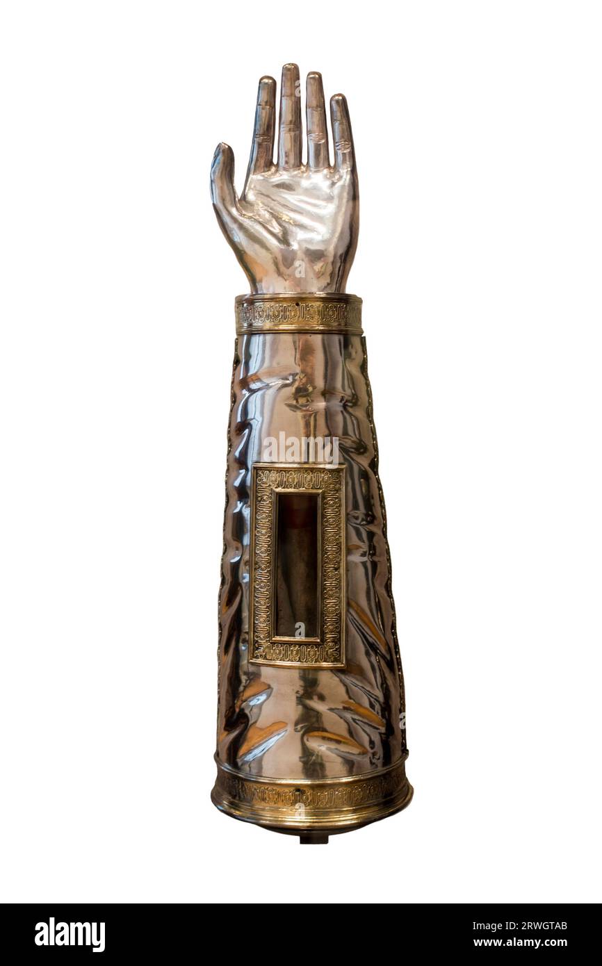 Brazo relicario / santuario que sostiene el hueso de la santa santa Margarita, sobre fondo blanco Foto de stock
