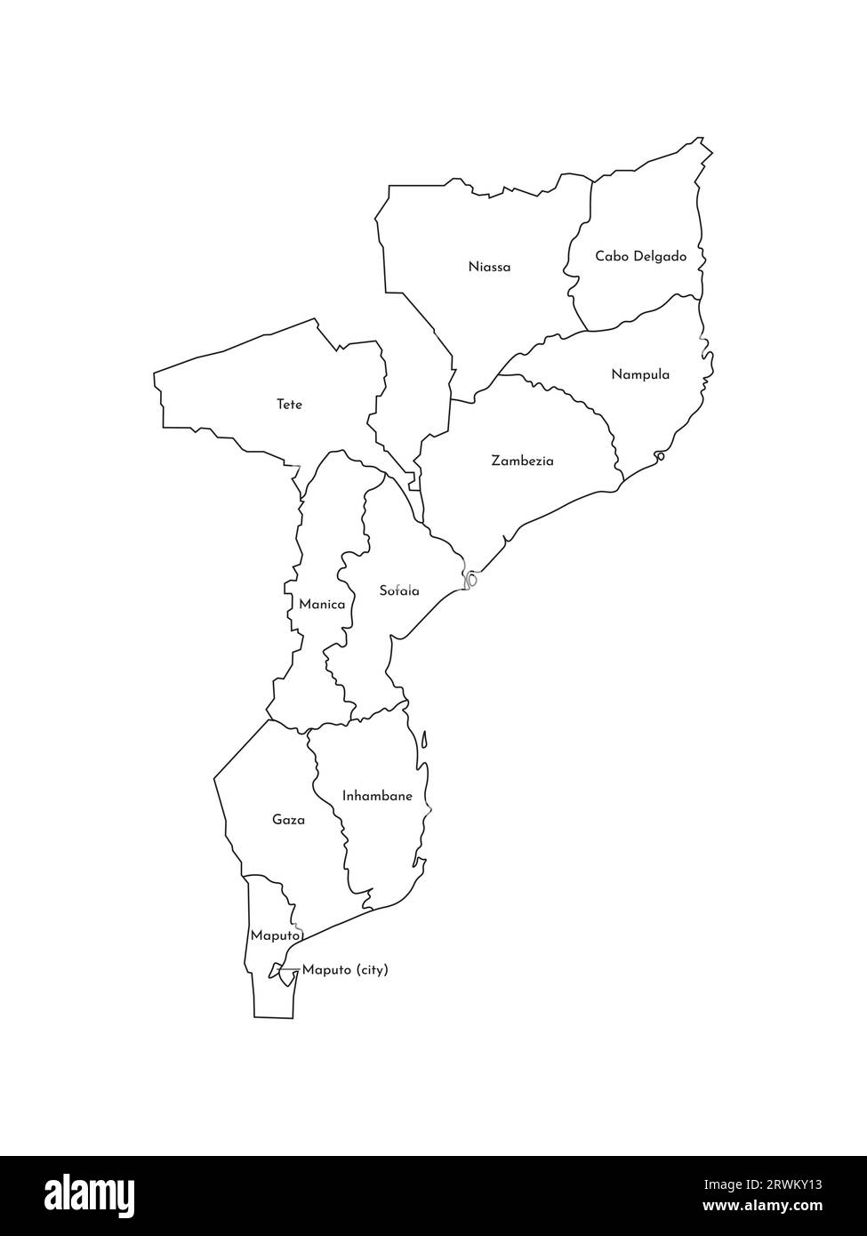 Vector aislado ilustración del mapa administrativo simplificado de Mozambique. Fronteras y nombres de las provincias (regiones). Siluetas de línea negra. Ilustración del Vector