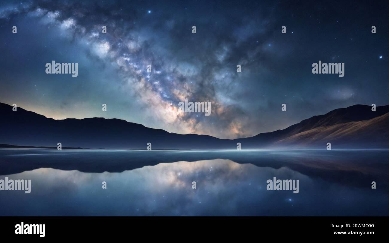 Un impresionante paisaje de un lago tranquilo y un cielo nocturno claro con estrellas centelleantes Foto de stock
