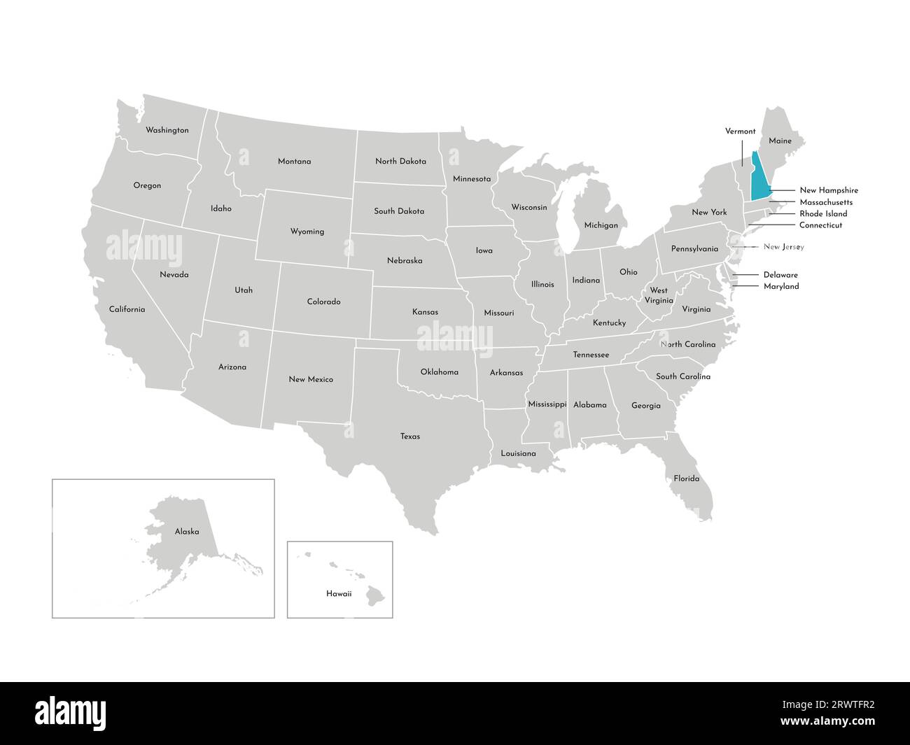 Vector aislado ilustración del mapa administrativo simplificado de los EE.UU.. Fronteras de los estados con nombres. Silueta azul de New Hampshire (estado). Ilustración del Vector