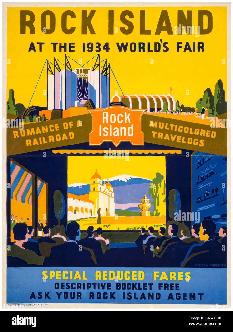 Rock Island, 1934 World's Fair, Chicago, cartel de viaje vintage americano, 1934 Foto de stock