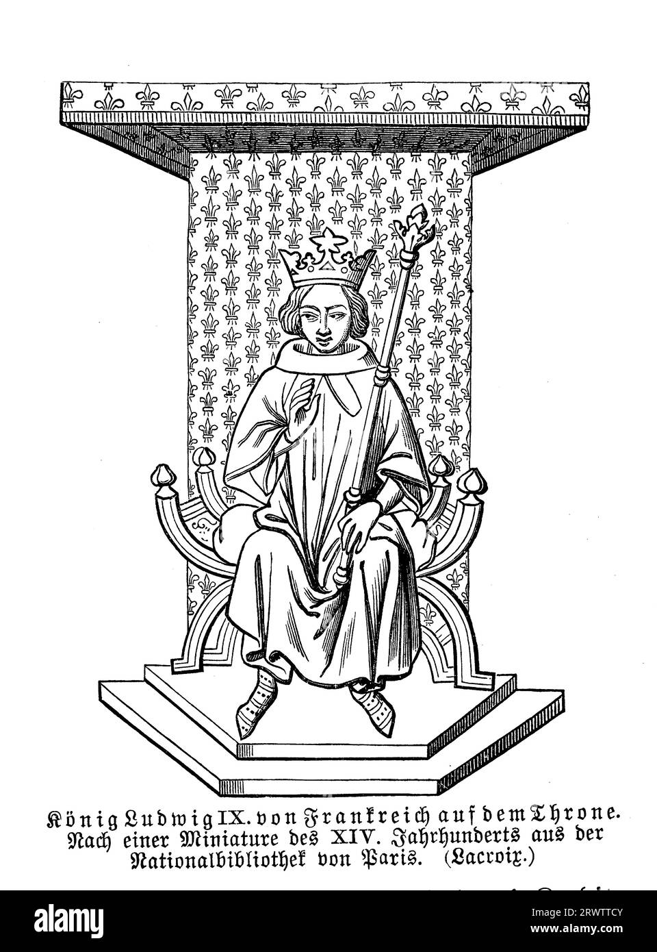Luis IX en el trono de Francia, miniatura del siglo XIV, Biblioteca Nacional de París Foto de stock
