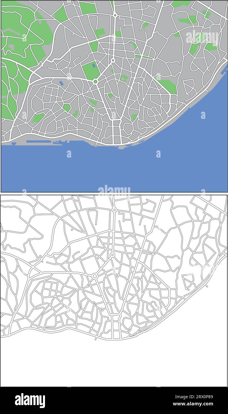 Mapa vectorial editable en capas de Lisboa, Portugal, que contiene líneas y formas de colores para tierras, carreteras, ríos y parques. Ilustración del Vector