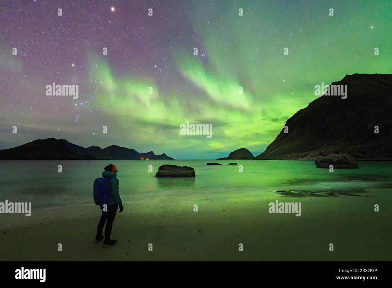 Hombre con mochila admirando las luces verdes brillantes de Aurora Borealis (auroras boreales) de la playa de Haukland, islas Lofoten, Nordland, Noruega Foto de stock