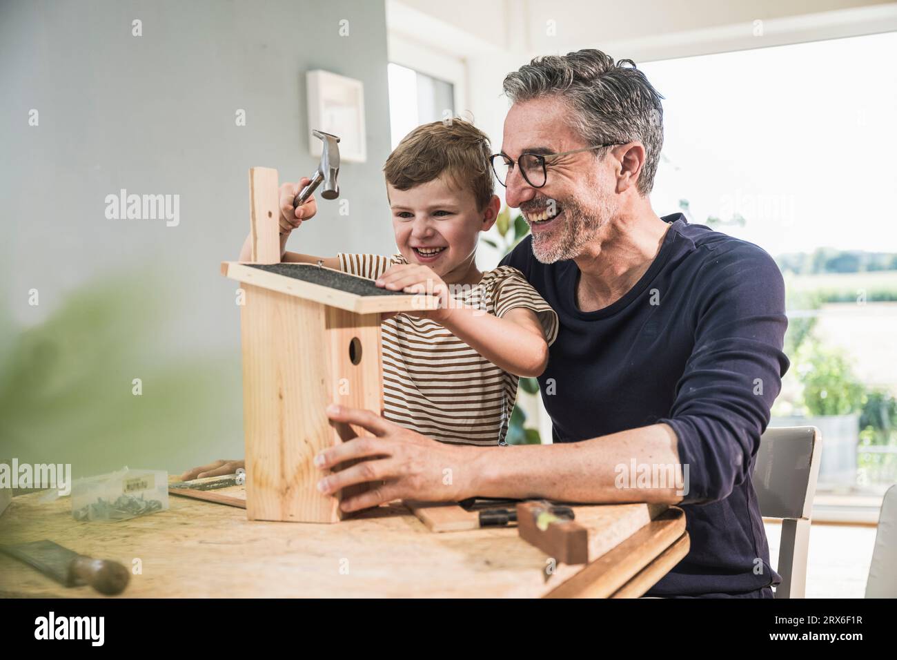 Muchacho feliz Timbering birdhouse por el abuelo en casa Foto de stock