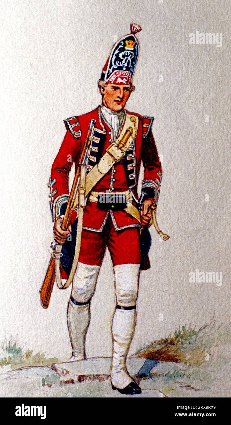 Granadero británico, soldado, redcoat, 1751, pintura, siglo XVIII, estampado militar Foto de stock