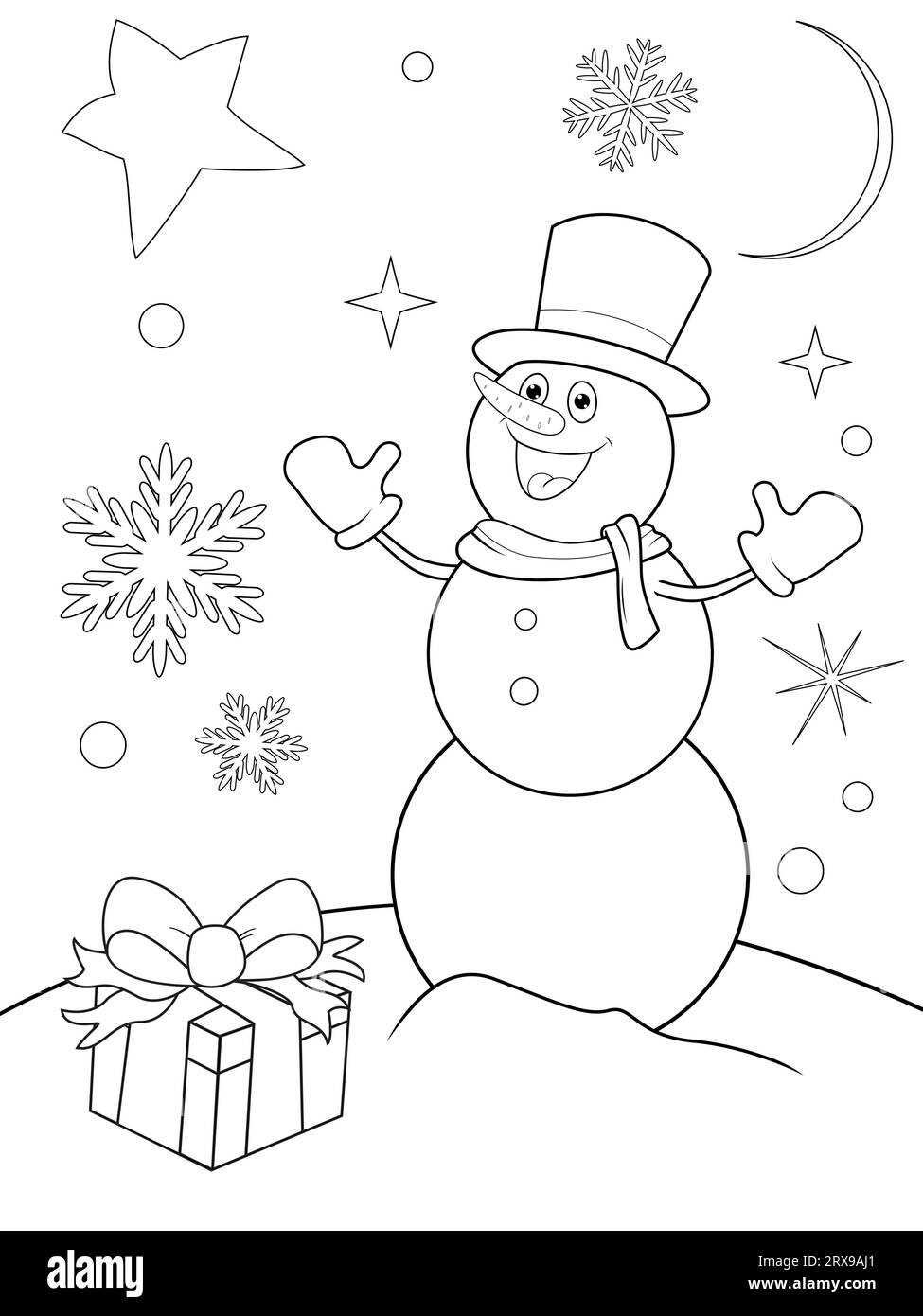 Libro para colorear para niños. Muñeco de nieve de dibujos animados en el fondo de un regalo, copos de nieve y estrellas. Ilustración del Vector