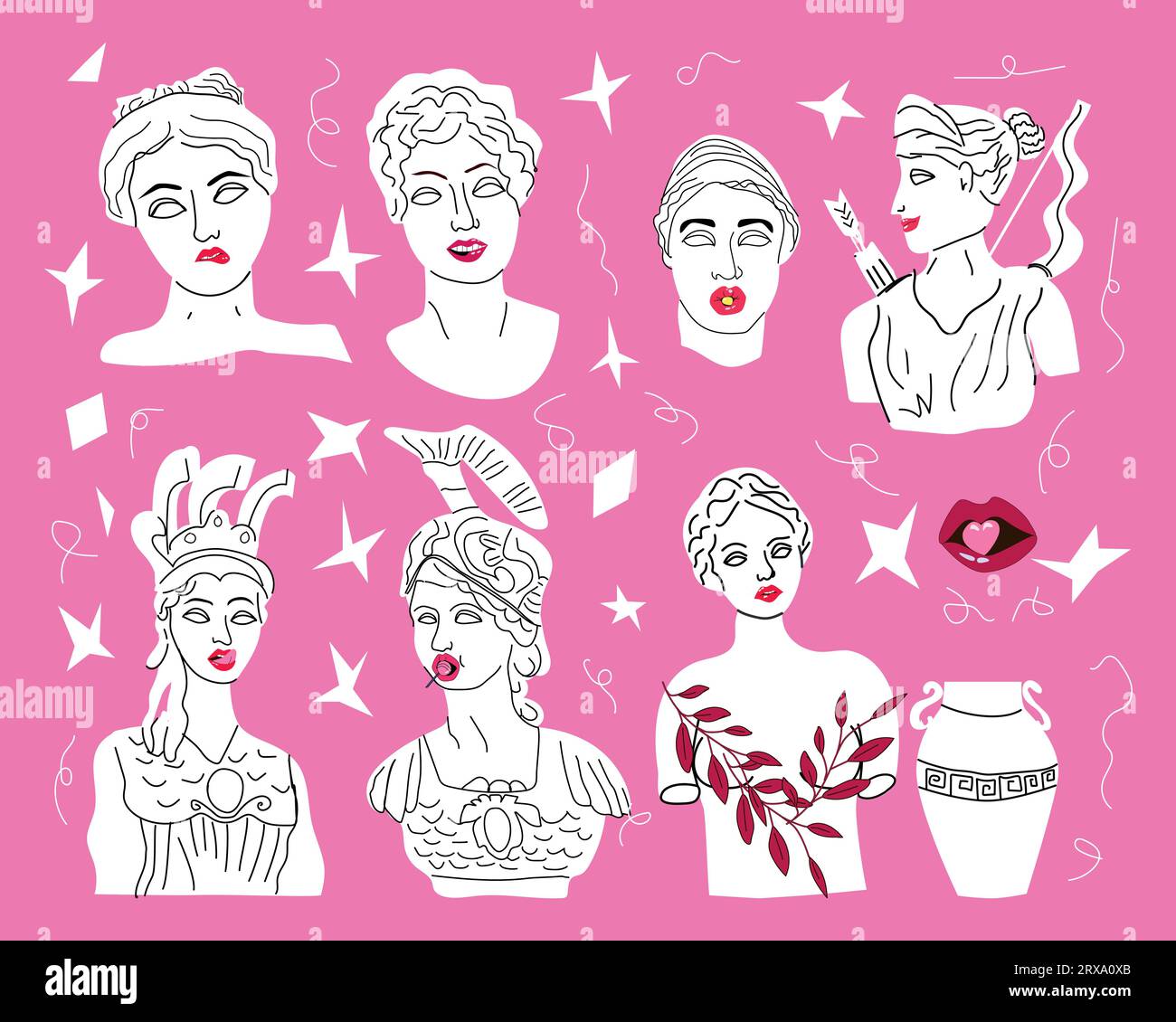 conjunto de mujeres griegas antiguas con labios rojos de 90 Ilustración del Vector