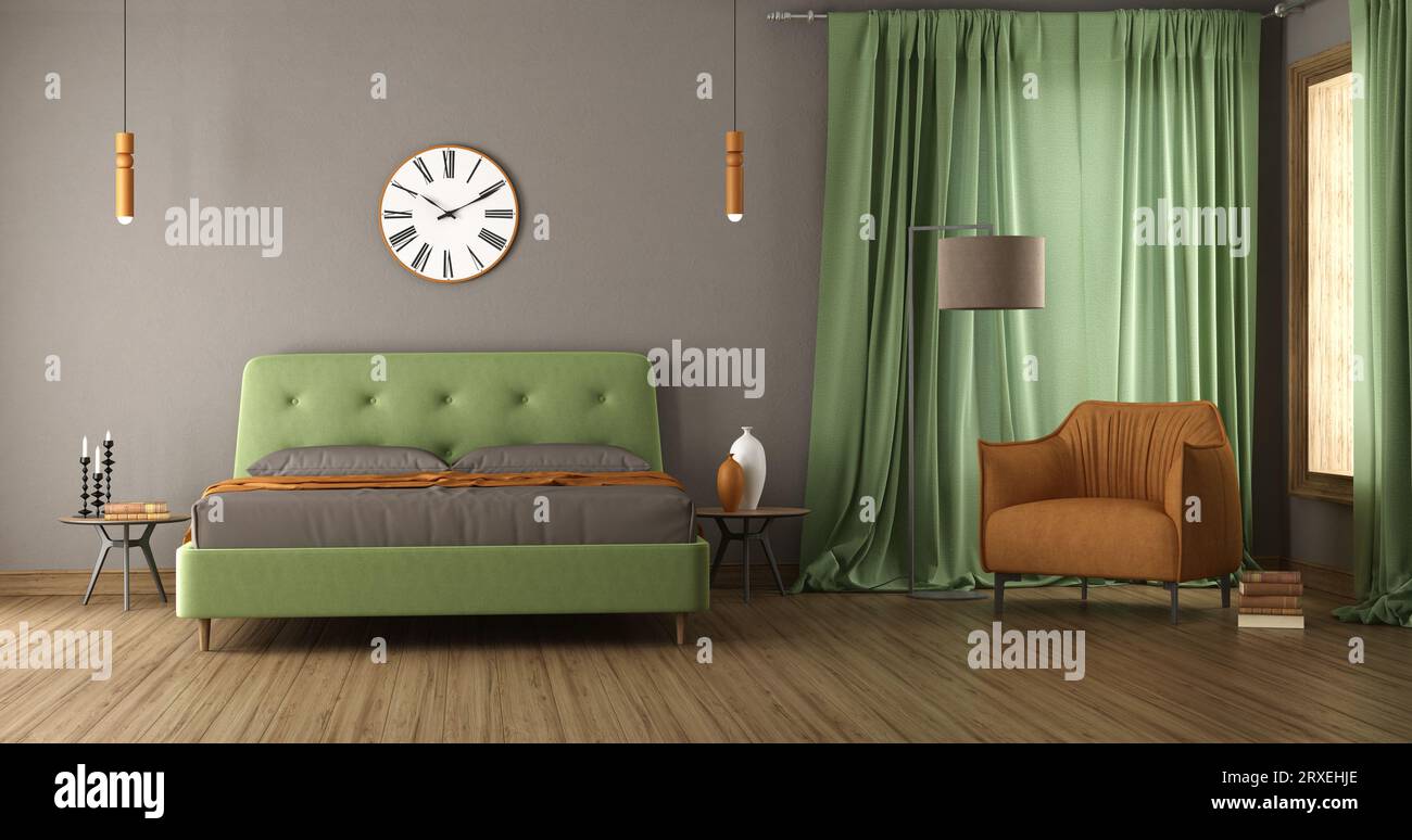 Dormitorio moderno con cama doble verde y sillón naranja - 3D rendering Foto de stock