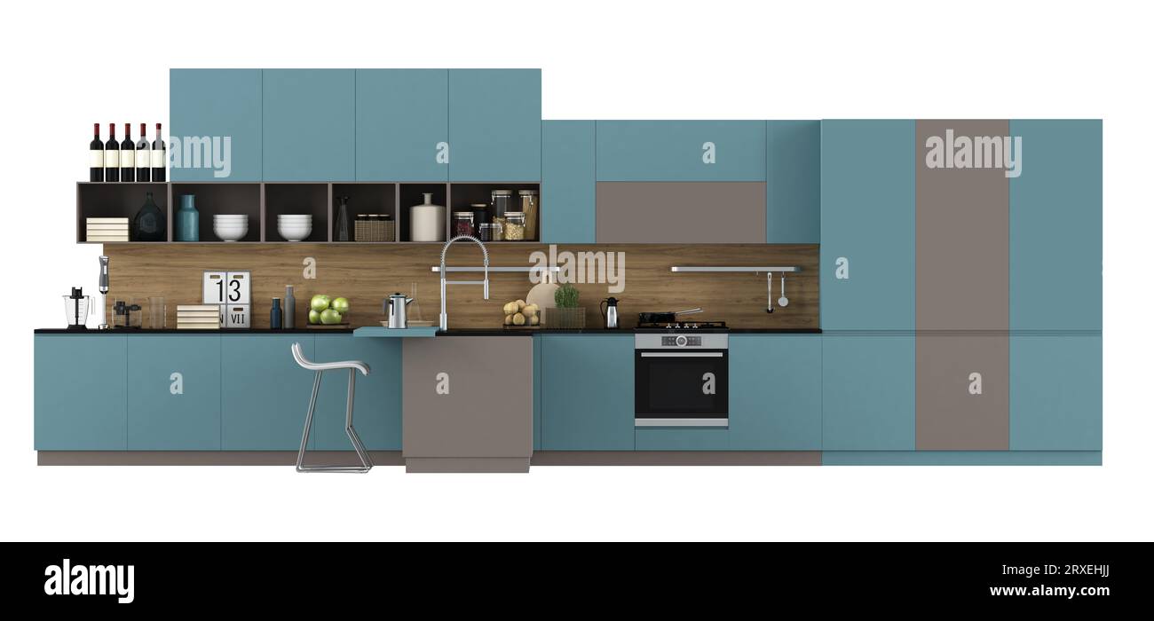 Cocina azul y marrón moderna aislada sobre fondo blanco - representación 3D Foto de stock