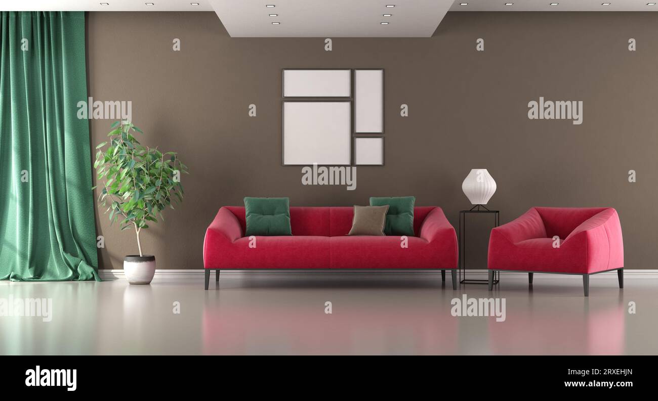 Sala de estar con pared marrón con sofá rojo, sillón y cortina verde - representación 3D Foto de stock