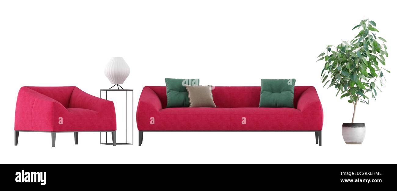 Conjunto de sala de estar con sofá y sillón aislado sobre fondo blanco - representación 3D Foto de stock