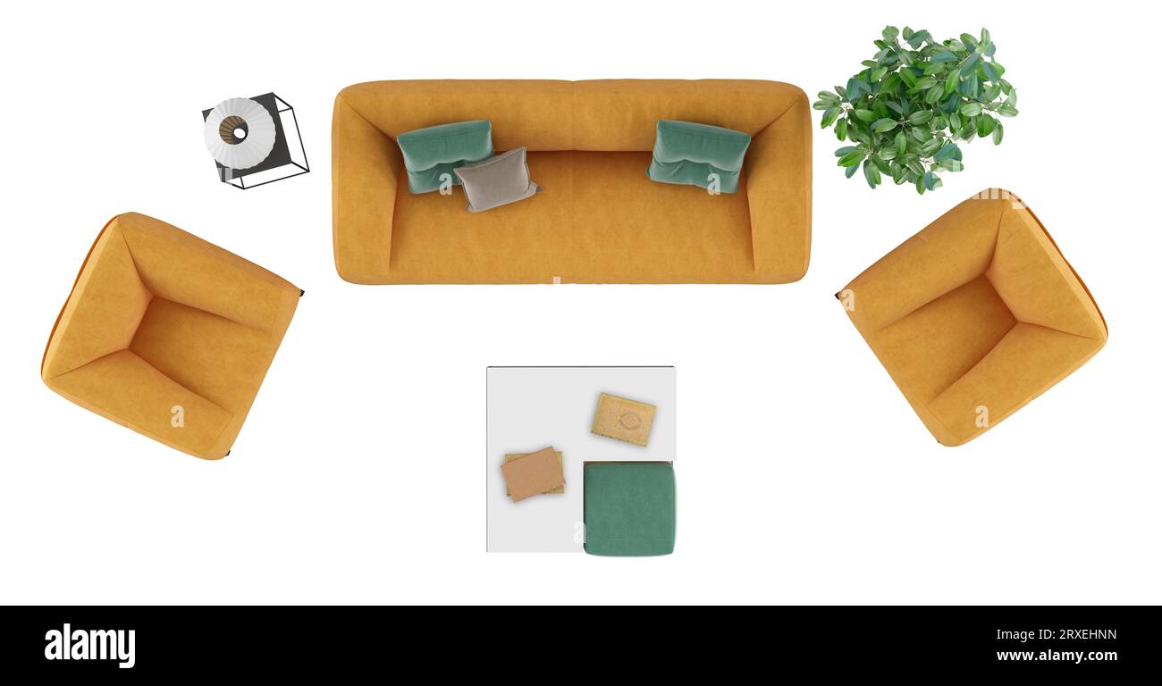 Vista de ángulo alto de un conjunto de sala de estar con sofá naranja y sillón sobre fondo blanco - representación 3D Foto de stock
