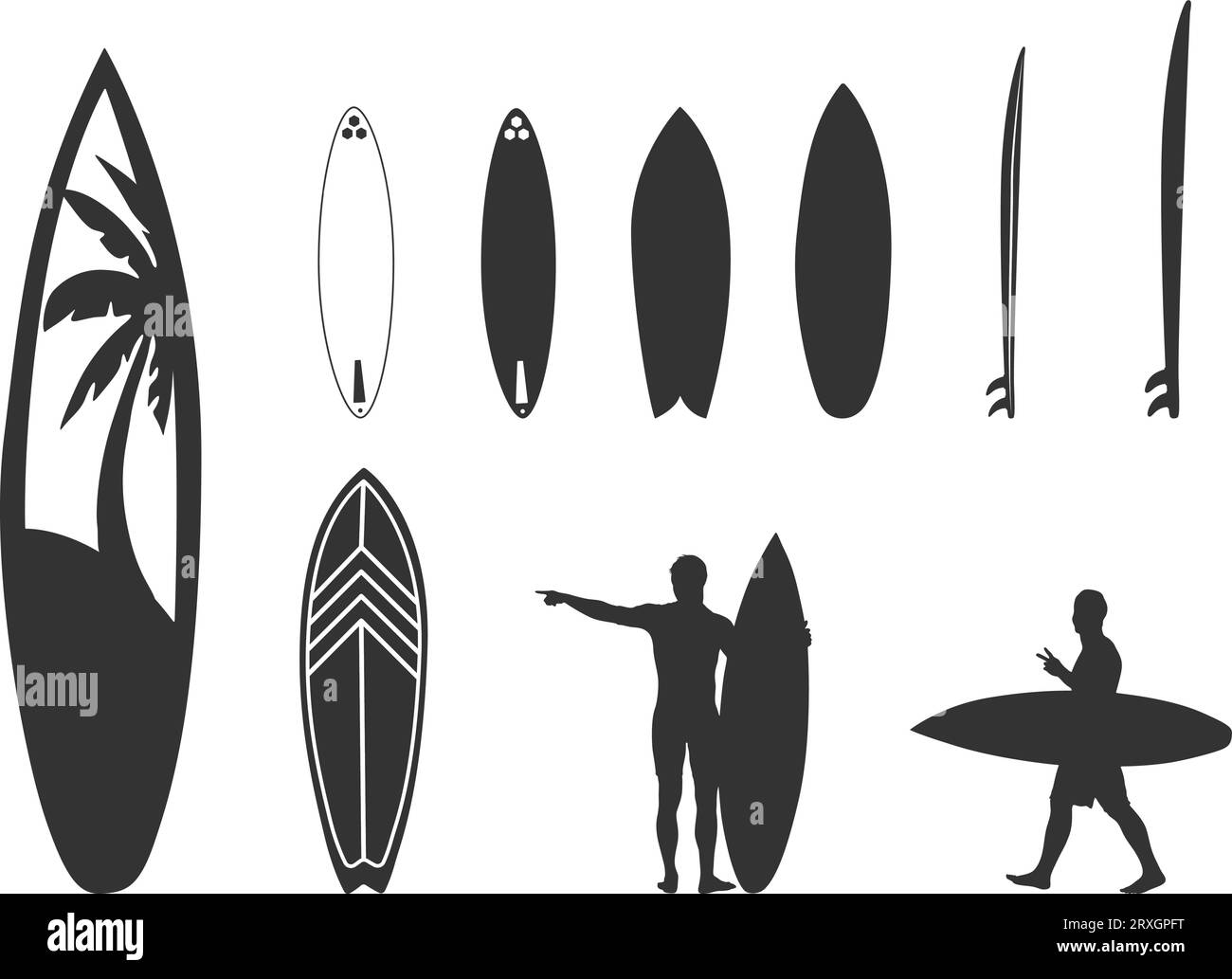Conjunto de vectores de tabla de surf, siluetas de surf, siluetas de